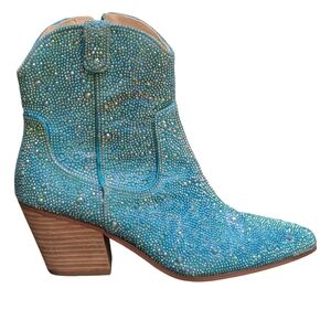 Betsey Johnson Diva Turquoise Rhinestone Cowboy Ankle Boots Booties Size 8.5